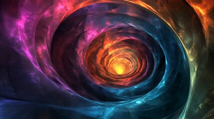 Futuristic spiral tunnel with metallic structures glowing softly in vibrant colors