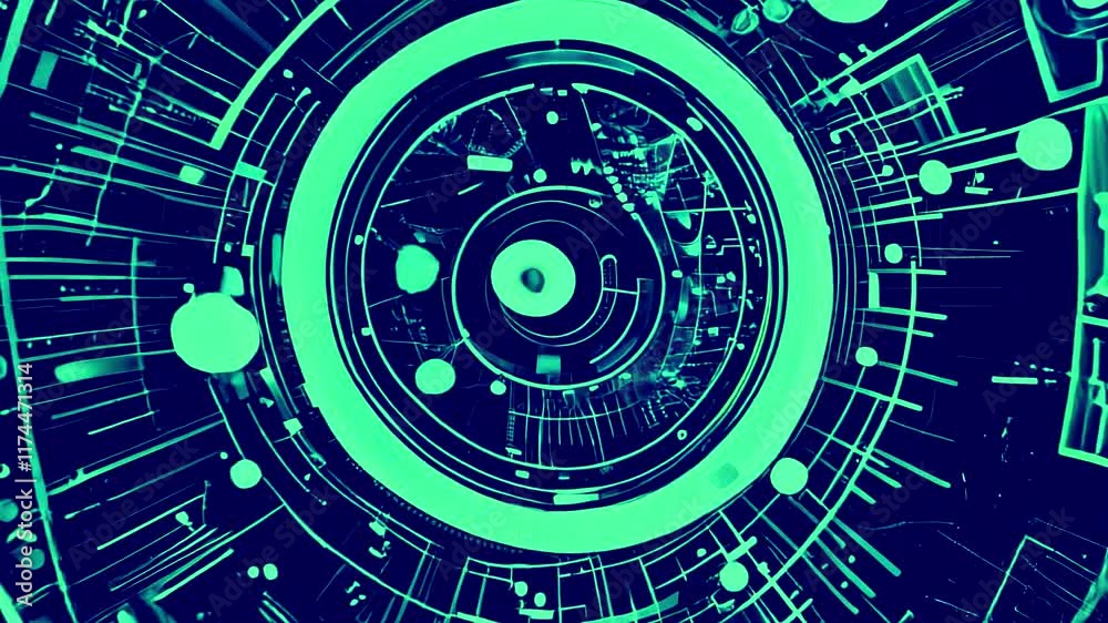 Wall mural abstract futuristic circular interface with neon elements and digital effects