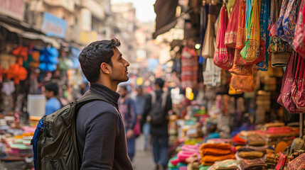 Fototapeta premium A man wearing a backpack is looking at a display of colorful fabrics