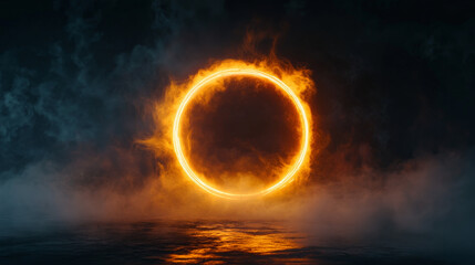 Bright neon circle with colorful cloud or steam. Realistic vector illustration of luminous led ring with vapour effect on dark background. Magic or futuristic game round frame or portal with fog.