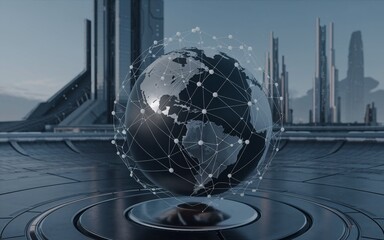Futuristic city skyline with a digital globe.