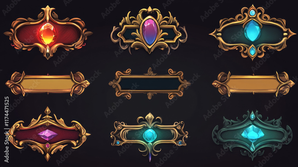 Wall mural golden fantasy game border ui button frame design. medieval gold metal interface element icon for rp