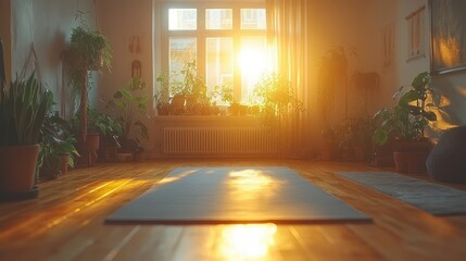 Fototapeta premium A serene yoga space illuminated by sunset, filled with plants and a calming atmosphere.