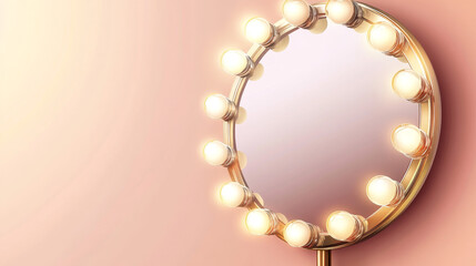 Makeup mirror in gold frame with light bulbs. Vector realistic different shapes mirrors for theater actors or fashion model dressing room isolated on transparent background