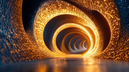 Futuristic spiral tunnel with glowing lines tracing intricate designs along the walls