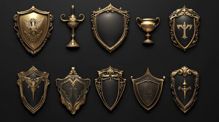 Fototapeta premium Golden shield vector icons set, gold medieval knight ammo, guard with engraved border, award trophy, military armor front side view isolated on black background with reflection, realistic 3d clipart