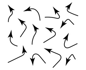 Hand drawn curve arrow set. Black doodle icons isolated on white background. Vector design elements