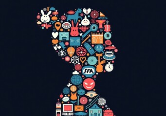 Creative collage forms the shape of a number one with various symbols and icons