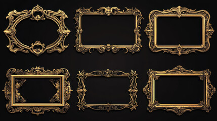 Cartoon set of square golden game rank frames isolated on background. Vector illustration of medieval borders with nameplates, gemstones and shiny forged iron ornaments. User interface design elements