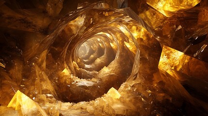 Spiral tunnel with jagged crystal walls glowing in dim ambient lighting