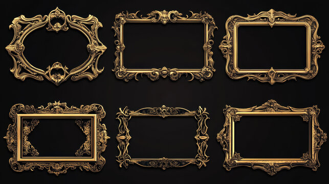 Cartoon set of square golden game rank frames isolated on background. Vector illustration of medieval borders with nameplates, gemstones and shiny forged iron ornaments. User interface design elements