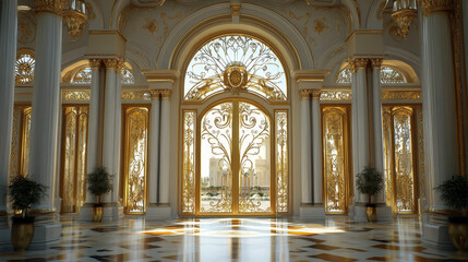 Arches with columns in wall, interior gates with white pillars and gold decoration in palace or castle. Archway frames, portal entrance, antique doorways or niches. Realistic 3d vector illustration