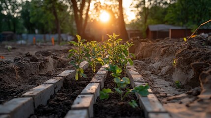 Sunlit garden with saplings being planted for Arbor Day in March.