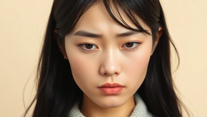 Fototapeta premium close-up of a young woman with long, dark hair and a serious expression. She has defined eyebrows and natural-looking makeup, which highlights her thoughtful demeanor. 