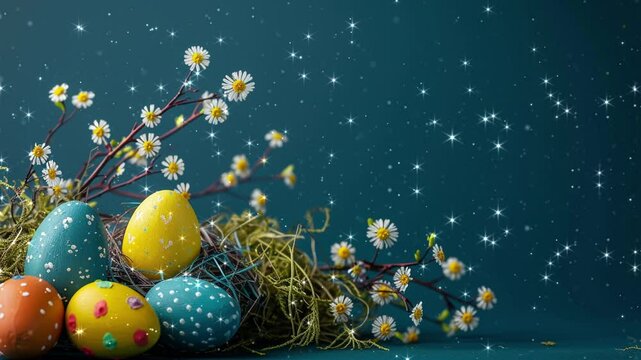 Looped background. Easter background.  Banner with Easter concept.  Bright background, bright contrast, copy space. Looped effect. Looped particles. Generated AI.
