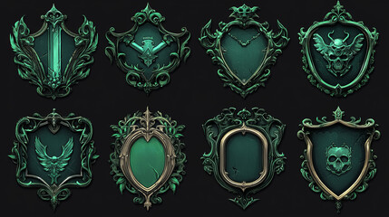 Fototapeta premium Silver award badges with fantasy frames and green decorative elements.Vector cartoon icons set of game labels different shapes, metal emblems with borders in medieval style