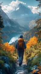 Obraz premium Autumn Hiker Ascends Majestic Mountain Peak: Breathtaking Wide Shot Photo. AI Generated