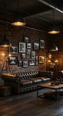 An industrial loft-style living room with exposed brick walls, metal lighting fixtures, and a leather couch