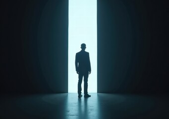 Silhouette of a person standing before a glowing doorway in a dark environment