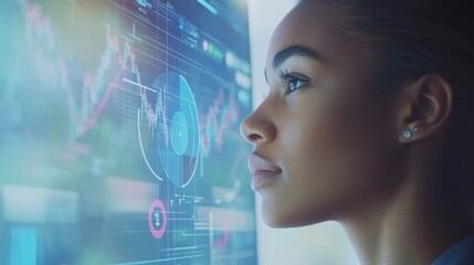 Focused Young Woman Analyzing Data on a Futuristic Screen