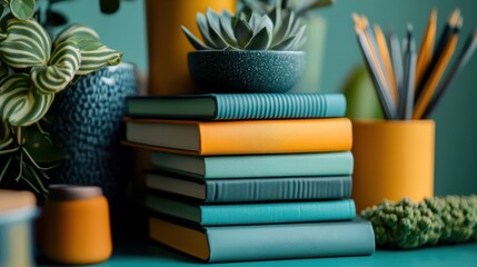 Books stacked neatly on a desk with March-themed bookmarks for National Reading Awareness Month.