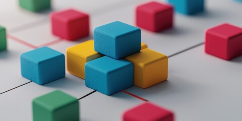 Obraz premium Colorful cubes arranged on a grid, showcasing a game or puzzle concept with vibrant blocks creating a playful and strategic scene.