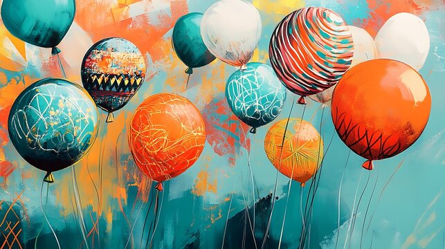 Vibrant coral orange and turquoise balloons drifting upwards with abstract patterns modern design