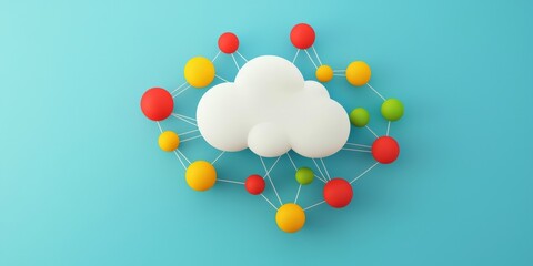 A colorful, abstract representation of cloud computing, featuring a white cloud surrounded by vibrant circles symbolizing data connections.