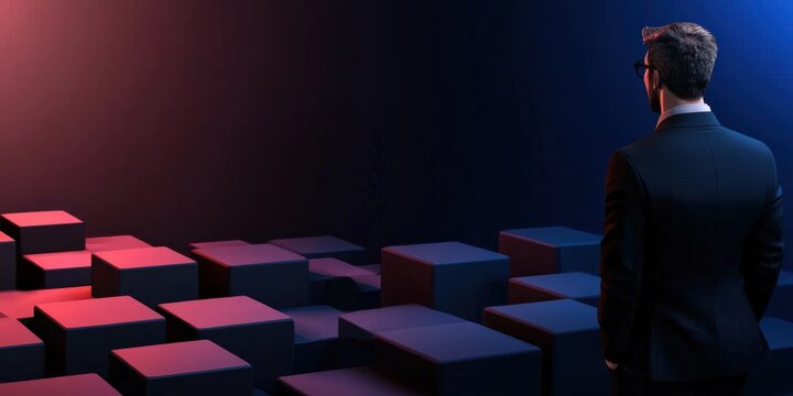 A man in a suit stands facing a futuristic landscape of illuminated blocks, reflecting a contrast between light and darkness.
