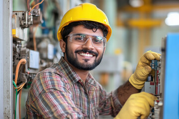 indian industrial worker in plaid shirt and yellow hard hat operating heavy machinery with control panel, working on the factory floor.