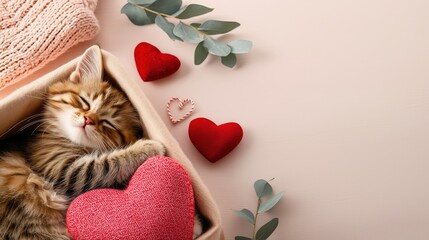 Sleeping kitten holding red heart, promoting love and relaxation