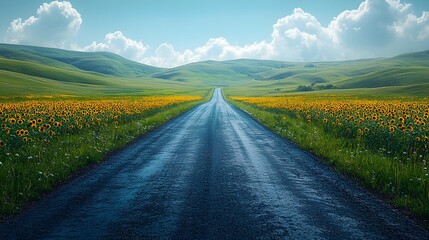 Scenic Journey through a Sunflower Filled Countryside Landscape under a Vibrant Blue Sky
