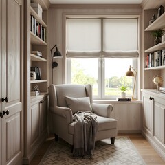 A small reading nook with a comfy armchair, built-in shelves, and a cozy throw blanket. Interior design.