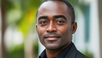Fototapeta premium Confident African Man Smiling Outdoors in Professional Attire Close-up