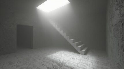 A surreal floating staircase leading to nowhere, suspended in an infinite empty space with no limits