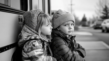 School bus stop for kid student on road cartoon illustration. Boy and girl friends waiting for safety retro transportation to kindergarten. Academy children lifestyle with driving on cityscape