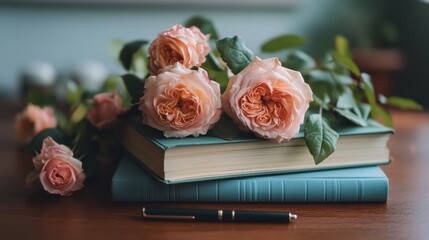 National Women's History Month celebration concept with books, roses, and a pen on a desk
