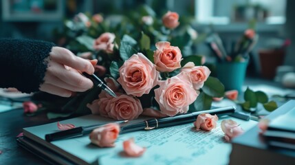National Women's History Month celebration concept with books, roses, and a pen on a desk