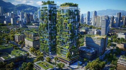 Sustainable urban development showcasing natural transpiration in modern architecture city center digital render eco-friendly environment aerial view