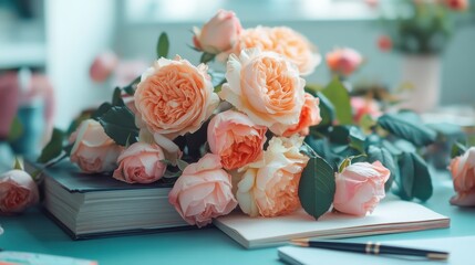 National Women's History Month celebration concept with books, roses, and a pen on a desk