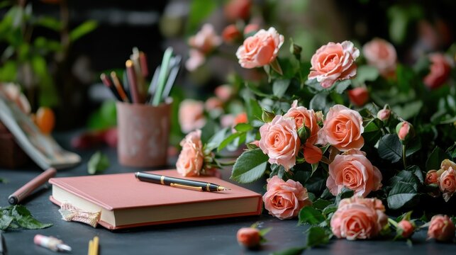 National Women's History Month celebration concept with books, roses, and a pen on a desk - Powered by Adobe