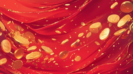 A vibrant red background filled with swirling gold coins, suggesting abundance and prosperity.