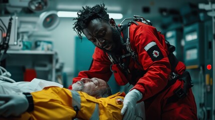 A paramedic attending to a patient in an emergency room setting