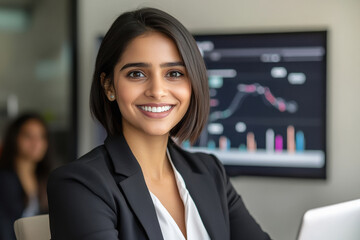 short hair businesswoman sitting in front of screen