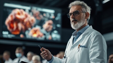 A researcher presenting new medical findings at an international conference