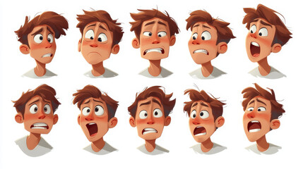 Fototapeta premium Young man face expressions, cartoon male character avatar with different emotions isolated on white background. Handsome boy emoji smile, despise, sad, crying and surprised, Vector illustration set
