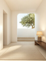Obraz premium Tranquil interior with natural light and olive tree view in modern minimalist space