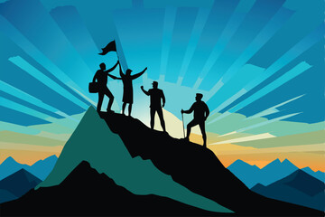 Silhouette of a group of scouts standing on a mountain peak, arms raised in victory, with the sun rising behind them.