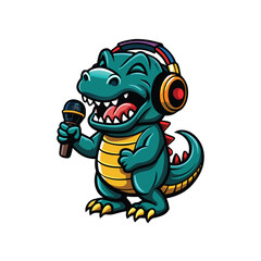 A cartoon dinosaur with big, goofy eyes wears oversized headphones and holds a microphone, singing along to music.