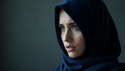 Naklejka premium Close-up portrait of a woman wearing a dark blue hijab.